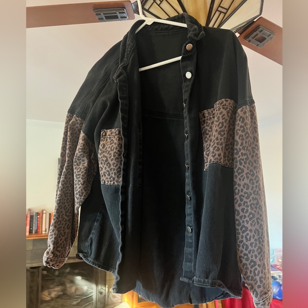 Black and leopard print jean jacket